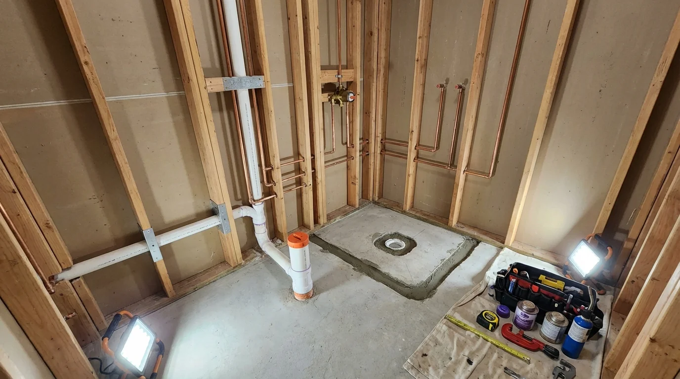 Bathroom rough-in plumbing during remodel by Johns Plumbing LLC in San Dimas