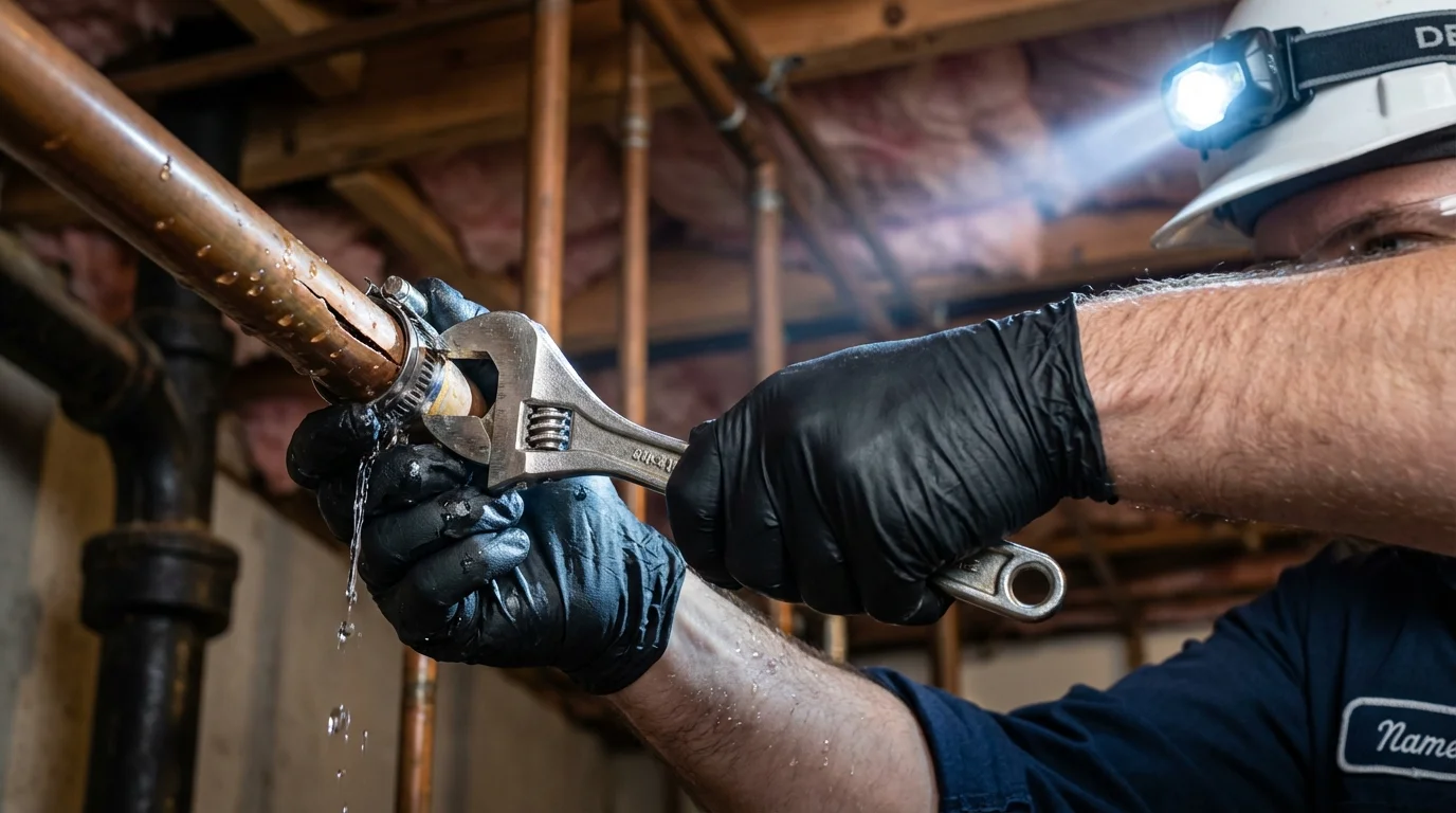 Emergency pipe clamp repair being performed by a Johns Plumbing LLC plumber in San Dimas
