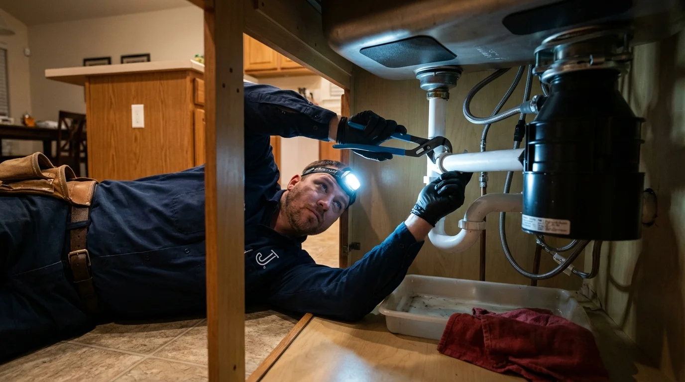 P-trap and supply line connections under a kitchen sink showing a common leak point in San Dimas, CA